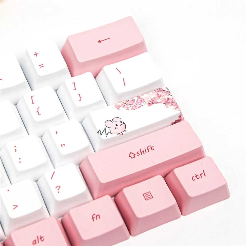 Pink PBT keycaps with cherry blossom girl anime design for GK61 mechanical keyboards