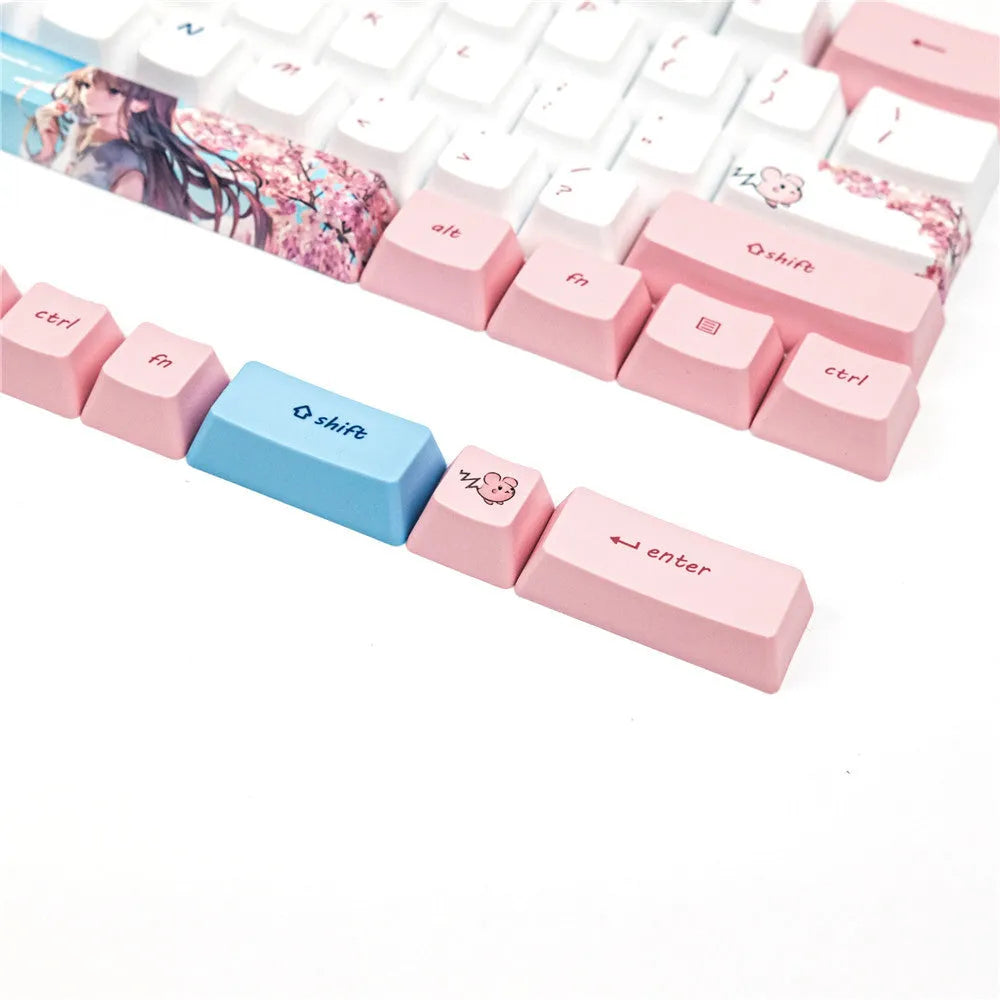 Pink PBT keycaps with cherry blossom girl anime design for GK61 mechanical keyboards