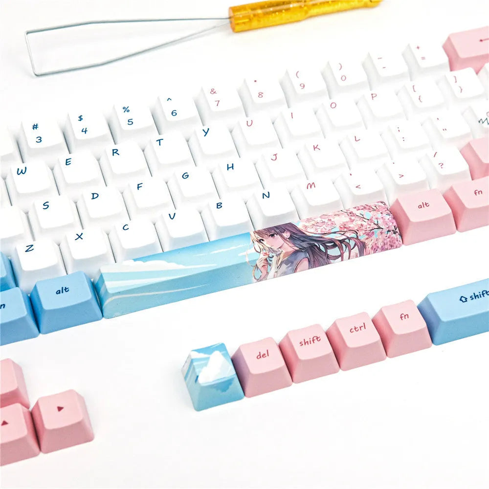 Pink PBT keycaps with cherry blossom girl anime design for GK61 mechanical keyboards