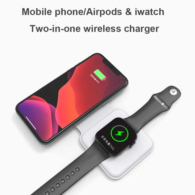 White foldable magnetic wireless charging dock showing two phones charging simultaneously.