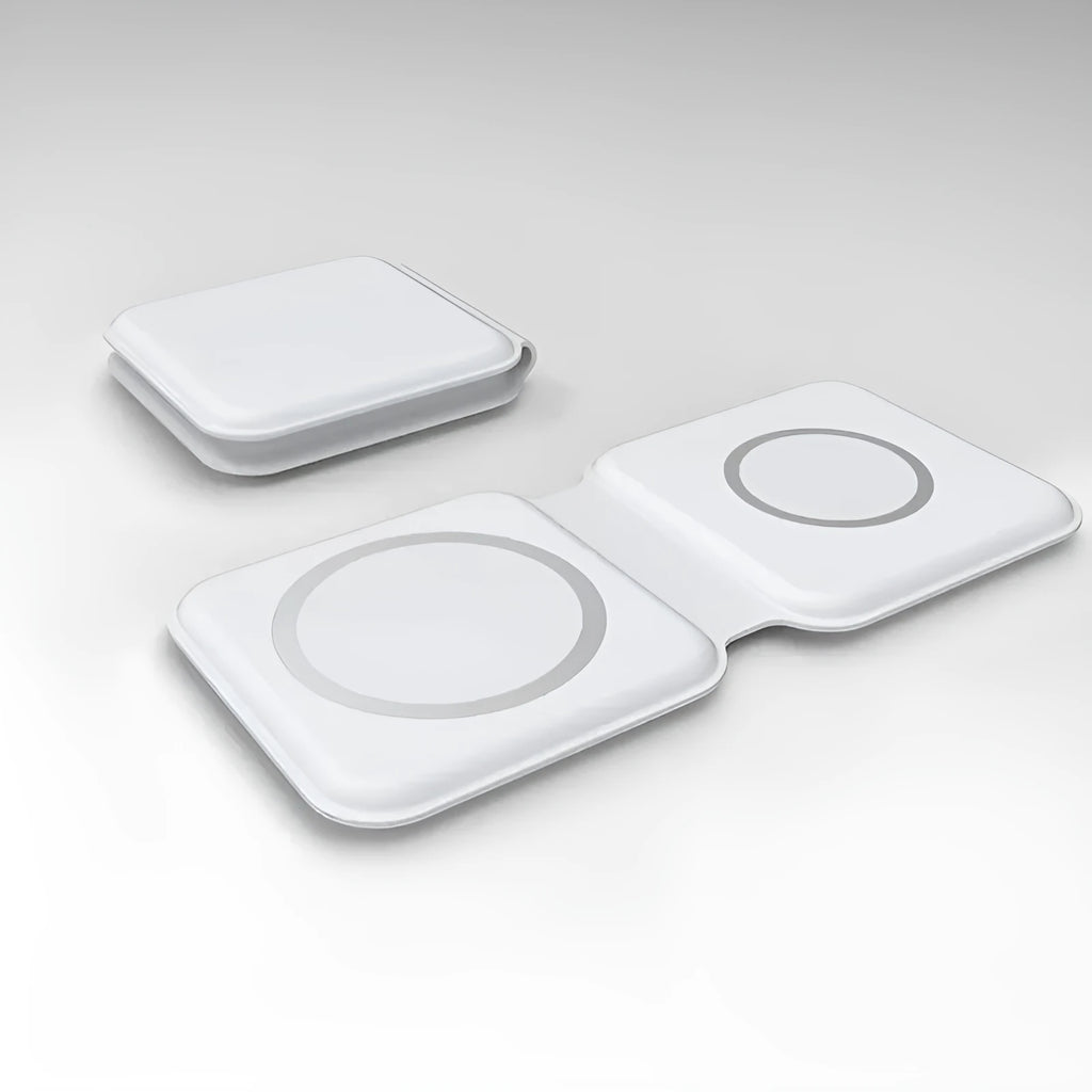 White foldable magnetic wireless charging dock showing two phones charging simultaneously.
