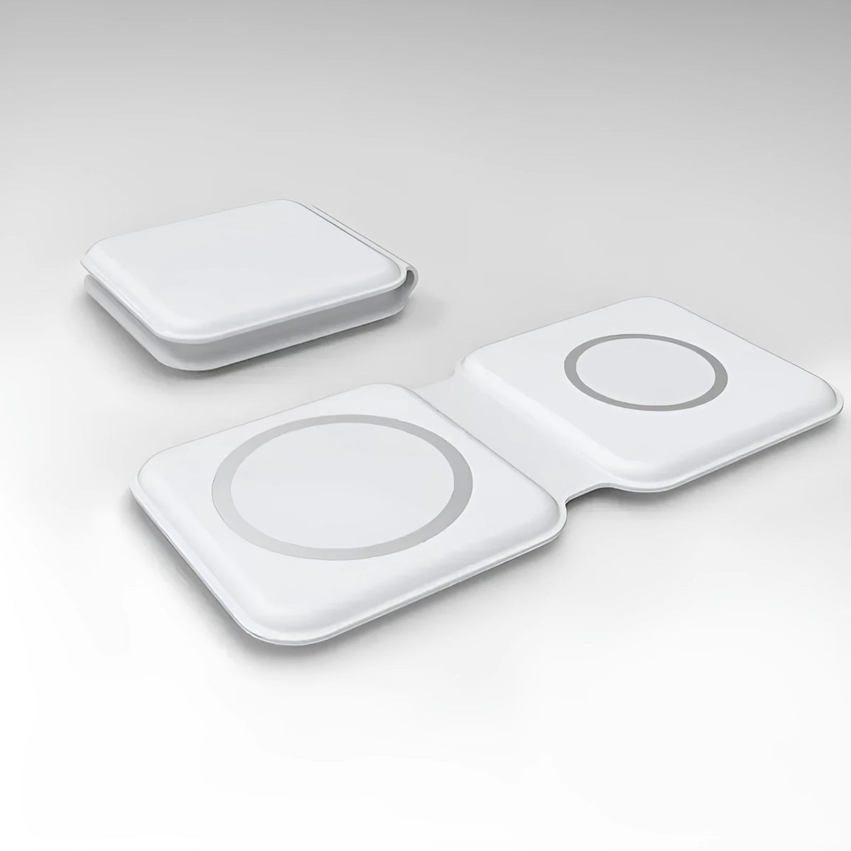 White foldable magnetic wireless charging dock showing two phones charging simultaneously.