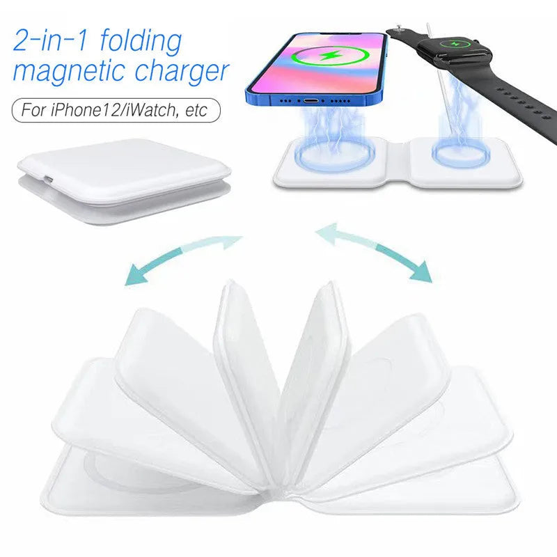 White foldable magnetic wireless charging dock showing two phones charging simultaneously.