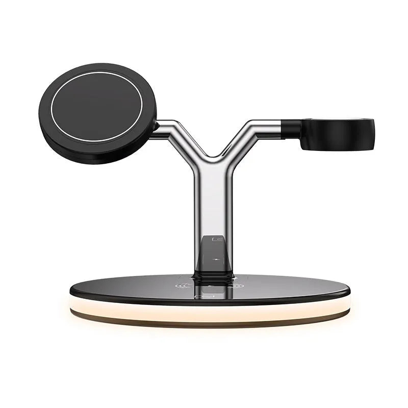 Black 15W 3-in-1 magnetic wireless charging station for iPhone, AirPods and Apple Watch on a desk.