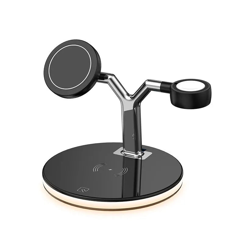 Black 15W 3-in-1 magnetic wireless charging station for iPhone, AirPods and Apple Watch on a desk.