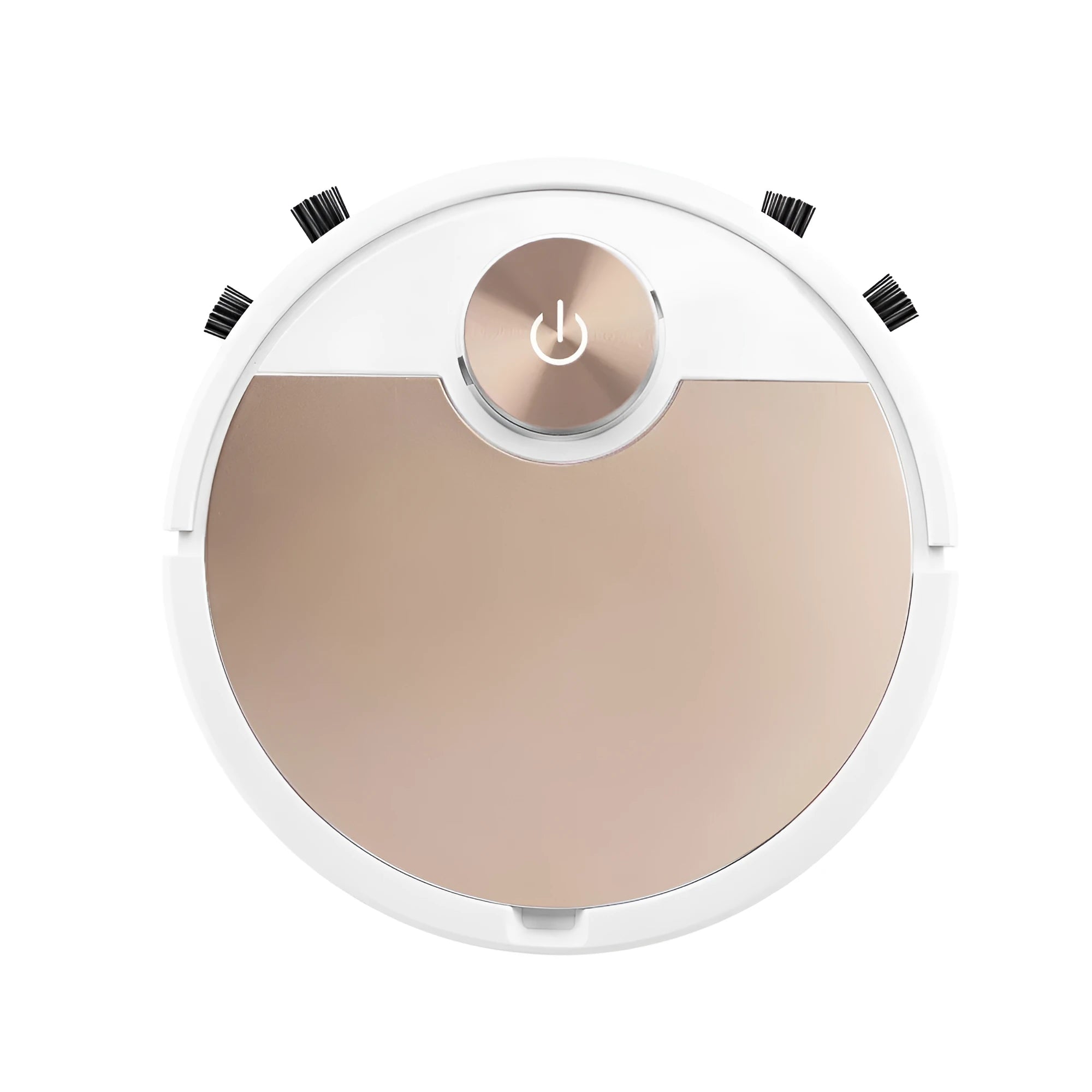 Golden coloured robotic vacuum cleaner with remote control on a hardwood floor.