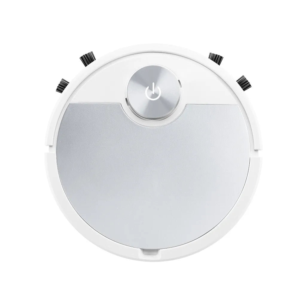 Golden coloured robotic vacuum cleaner with remote control on a hardwood floor.