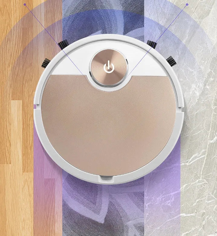 Golden coloured robotic vacuum cleaner with remote control on a hardwood floor.