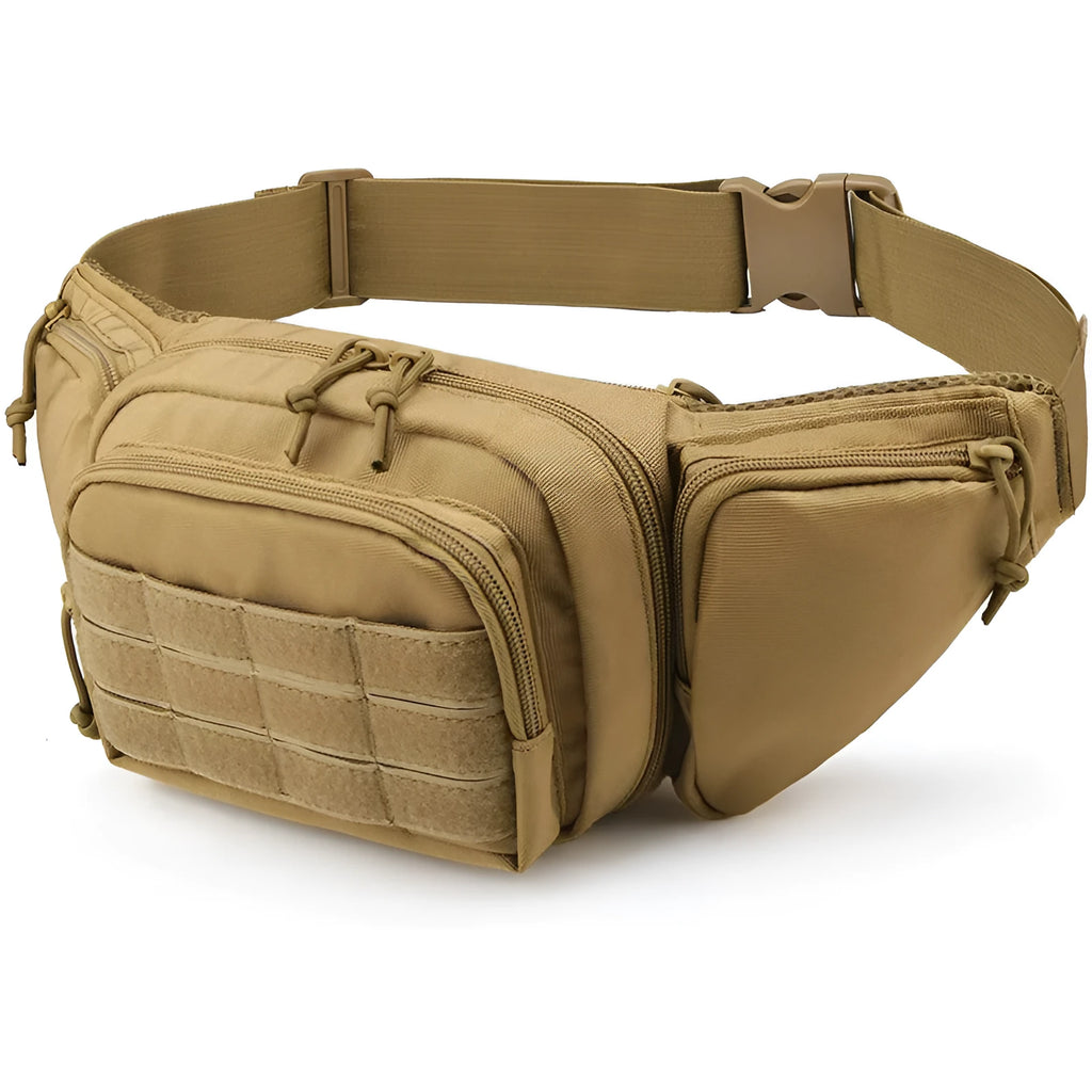 Black tactical multifunctional waist bag with adjustable straps worn around the waist.
