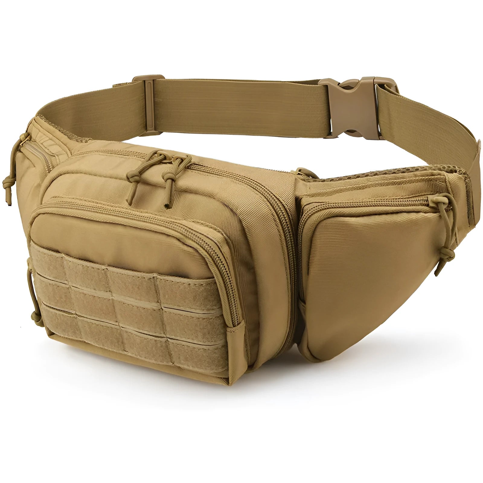 Black tactical multifunctional waist bag with adjustable straps worn around the waist.