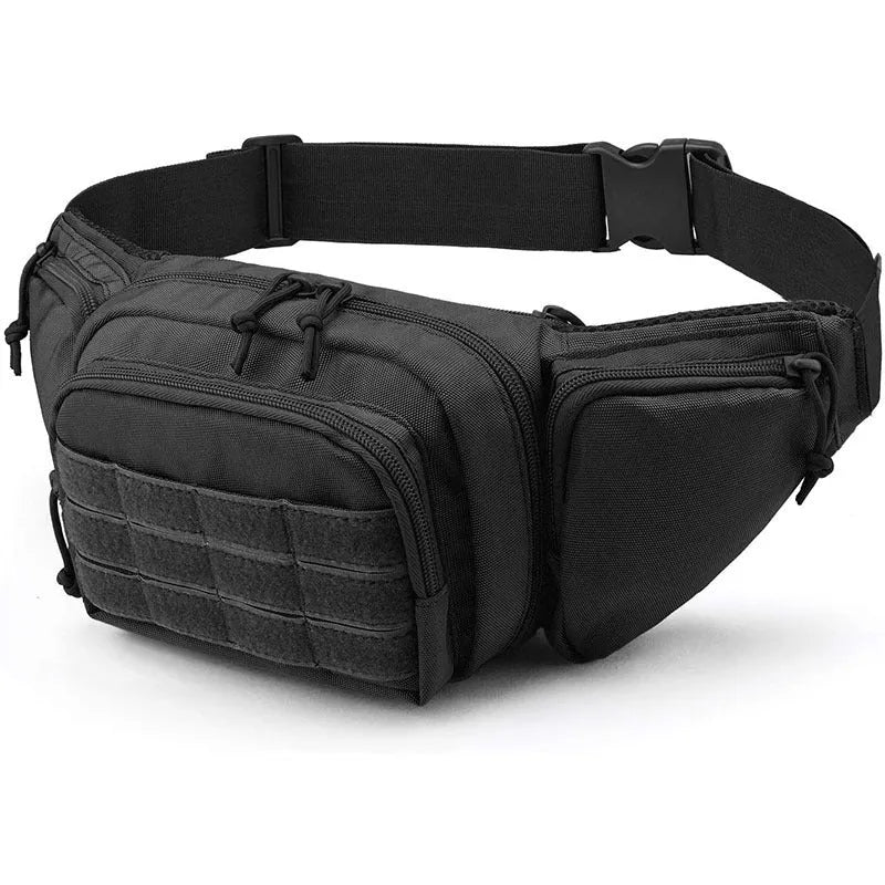 Black tactical multifunctional waist bag with adjustable straps worn around the waist.