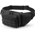 Black tactical multifunctional waist bag with adjustable straps worn around the waist.