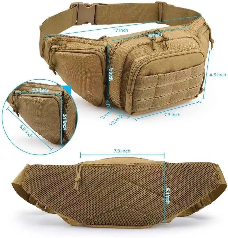 Black tactical multifunctional waist bag with adjustable straps worn around the waist.