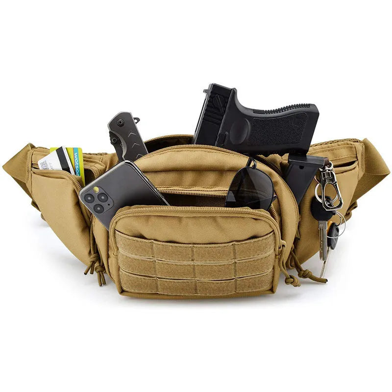 Black tactical multifunctional waist bag with adjustable straps worn around the waist.