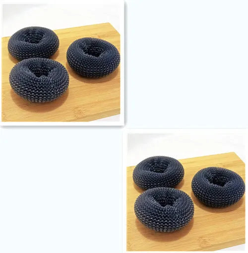 Push-type kitchen soap dispensing scrubber brush with PET construction on a kitchen counter.