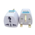 White universal travel adapter showing compatibility with AU, EU, UK, and US plug types.