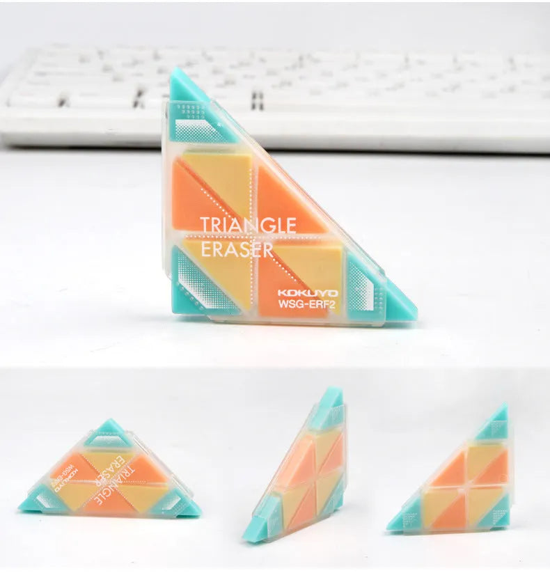Blue, red, yellow, and mixed colour PVC triangle erasers for detailed pencil work