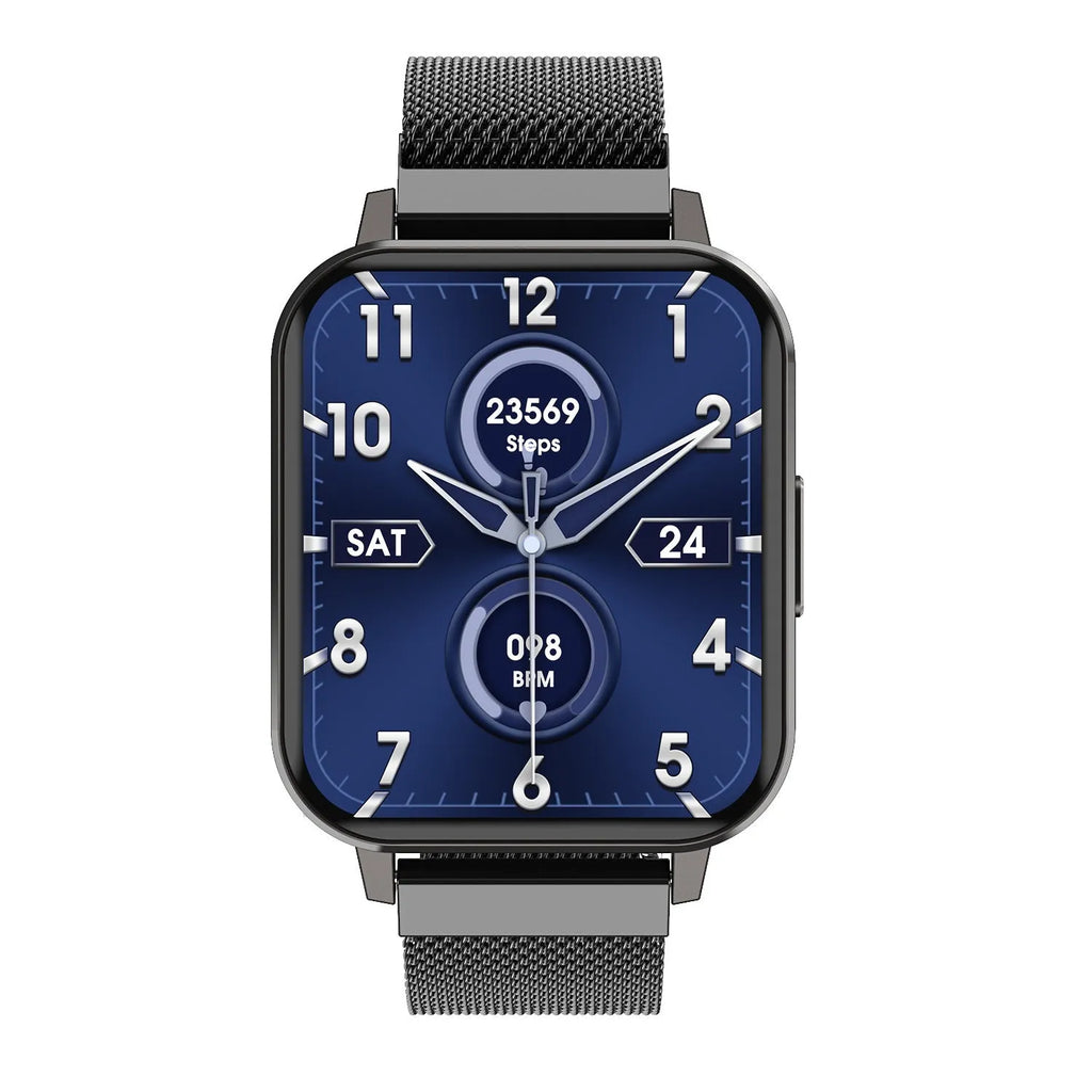 DTX Smart Watch with 1.78-inch screen showing health stats, with black silicone and silver steel band options.