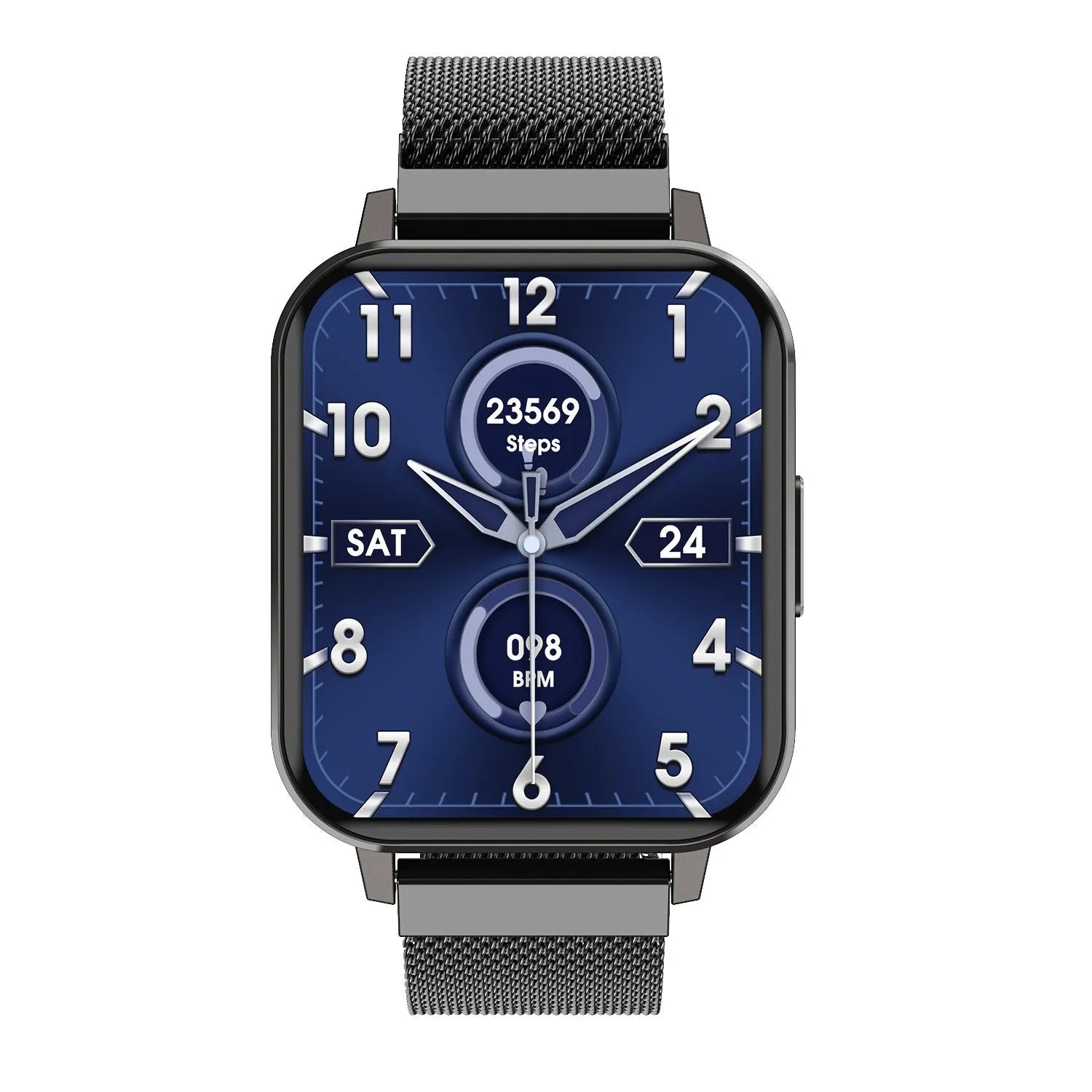 DTX Smart Watch with 1.78-inch screen showing health stats, with black silicone and silver steel band options.