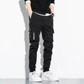 Korean loose cotton cargo pants in black with tether closure and nine-tenths length