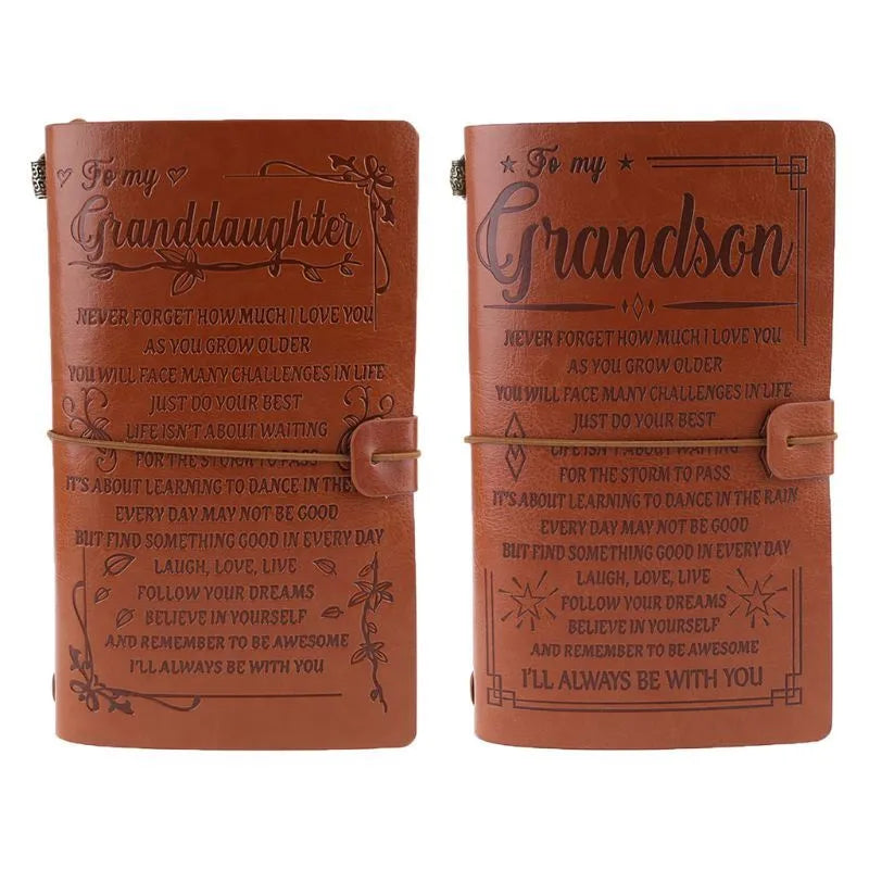 Brown leather hand ledger notebook with strap binding and acid-free paper pages