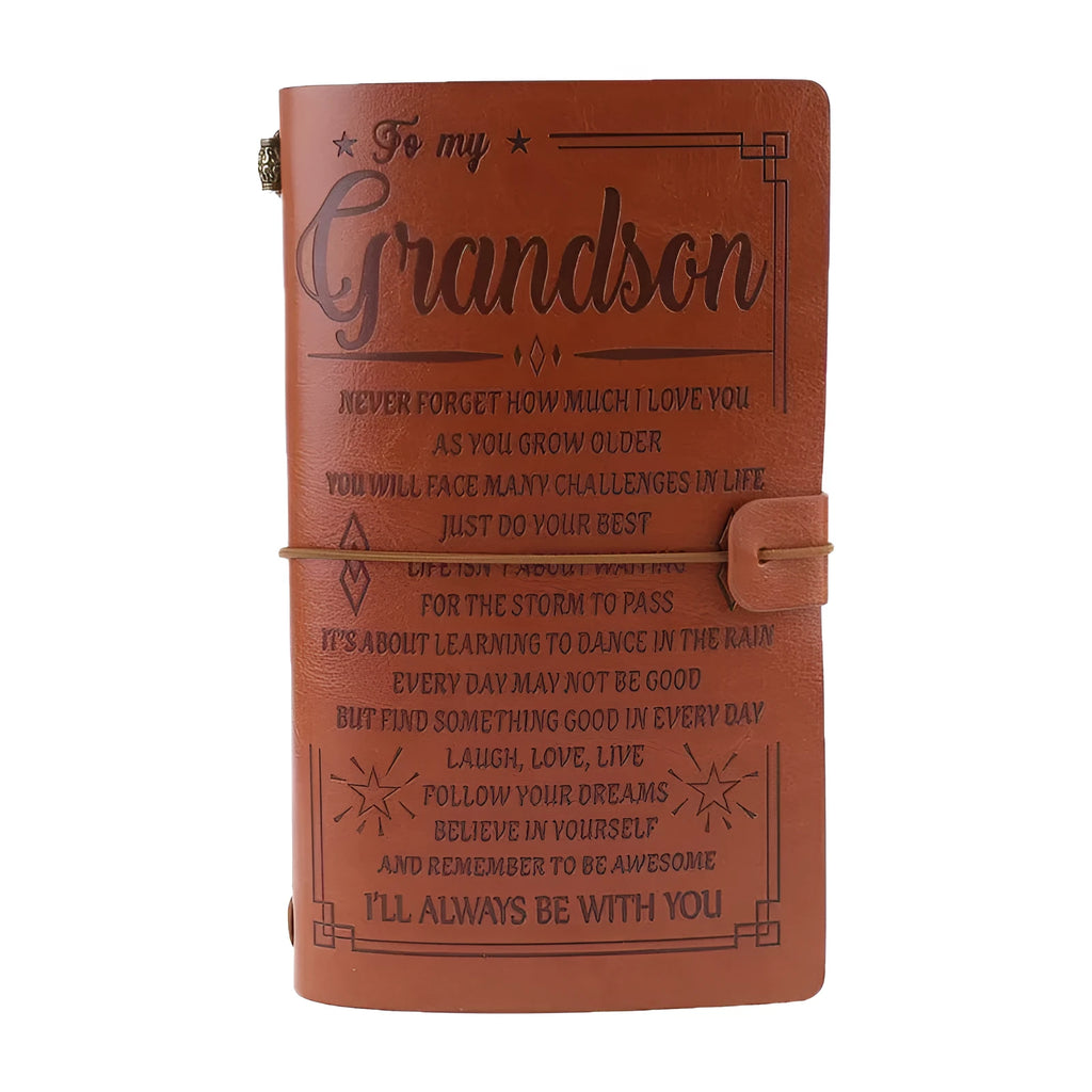 Brown leather hand ledger notebook with strap binding and acid-free paper pages