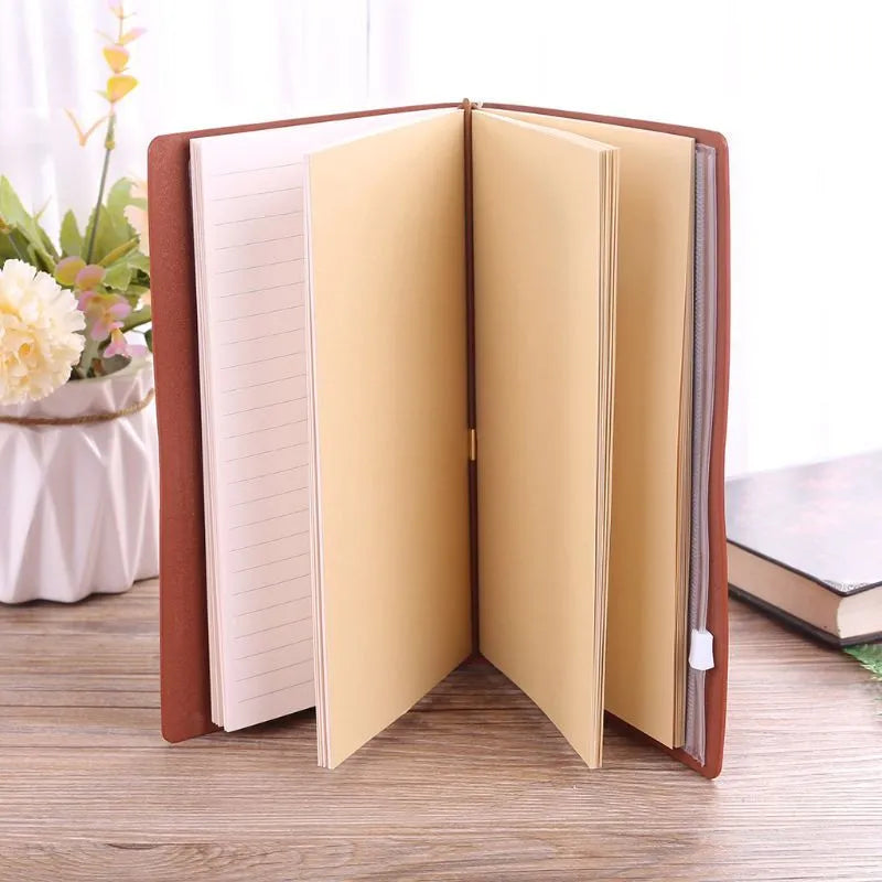 Brown leather hand ledger notebook with strap binding and acid-free paper pages