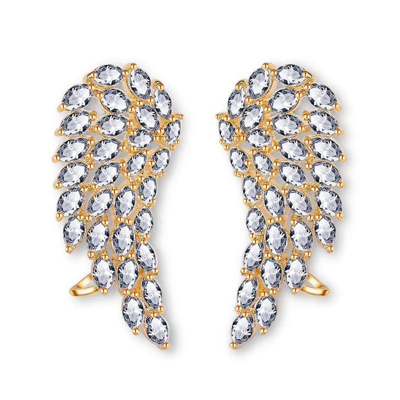 White gold colour angel wings stud earrings for women and girls made with AAA zircon, one individually packed pair