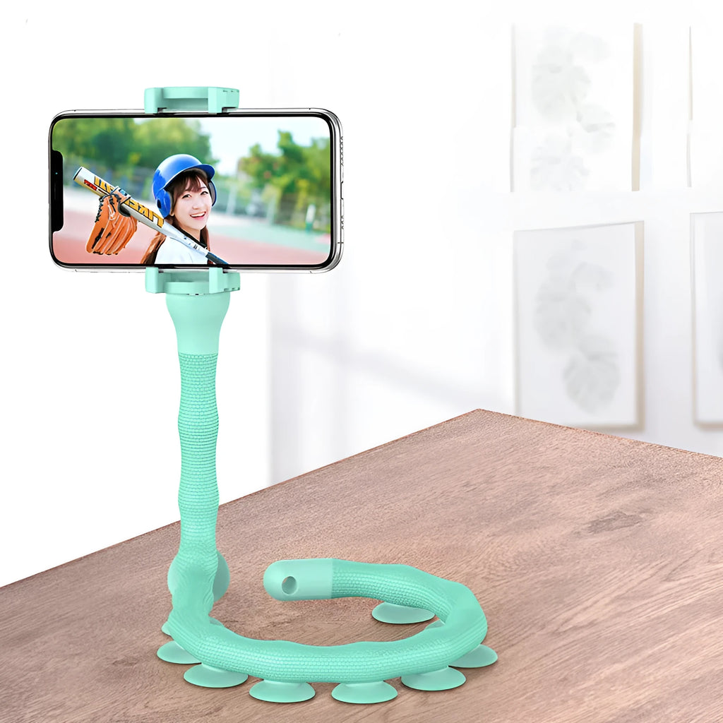 Flexible worm design mobile phone holder with suction cup mount showing 62cm length and black colour option