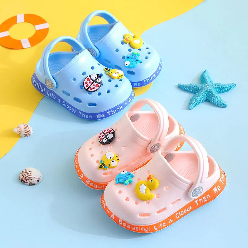 Cartoon pattern PVC slippers for toddlers in yellow, blue, pink, grey and sky blue colours
