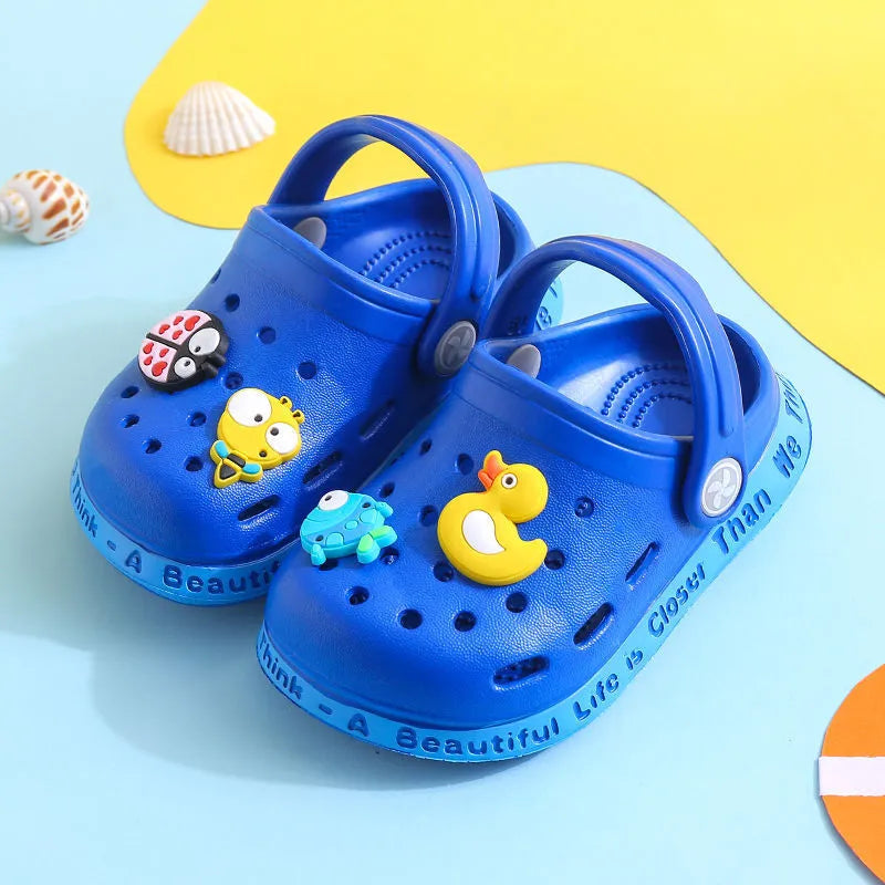 Cartoon pattern PVC slippers for toddlers in yellow, blue, pink, grey and sky blue colours