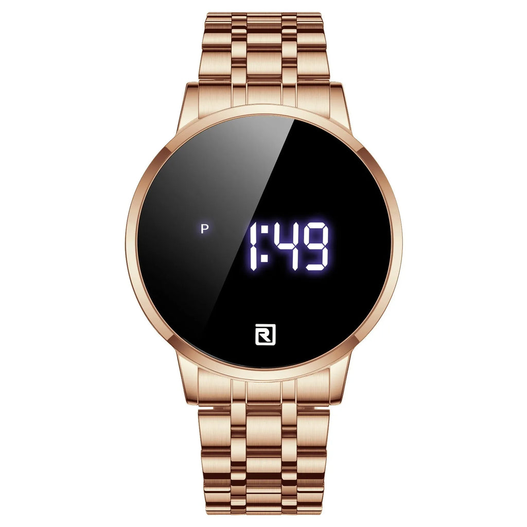 Touch screen digital display calendar electronic watch with alloy case and luminous display, 30M waterproof, in gold/black/blue/rose gold