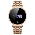 Touch screen digital display calendar electronic watch with alloy case and luminous display, 30M waterproof, in gold/black/blue/rose gold