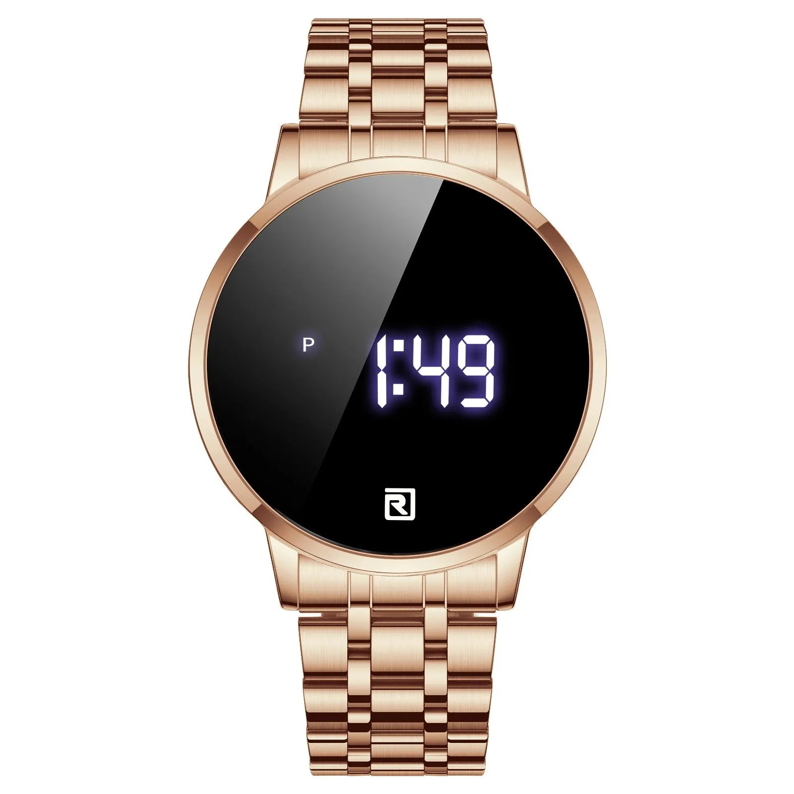 Touch screen digital display calendar electronic watch with alloy case and luminous display, 30M waterproof, in gold/black/blue/rose gold