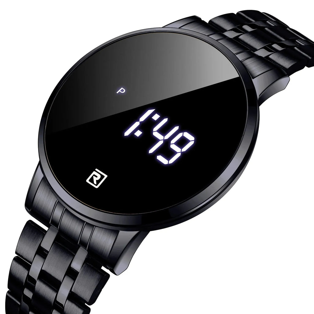 Touch screen digital display calendar electronic watch with alloy case and luminous display, 30M waterproof, in gold/black/blue/rose gold