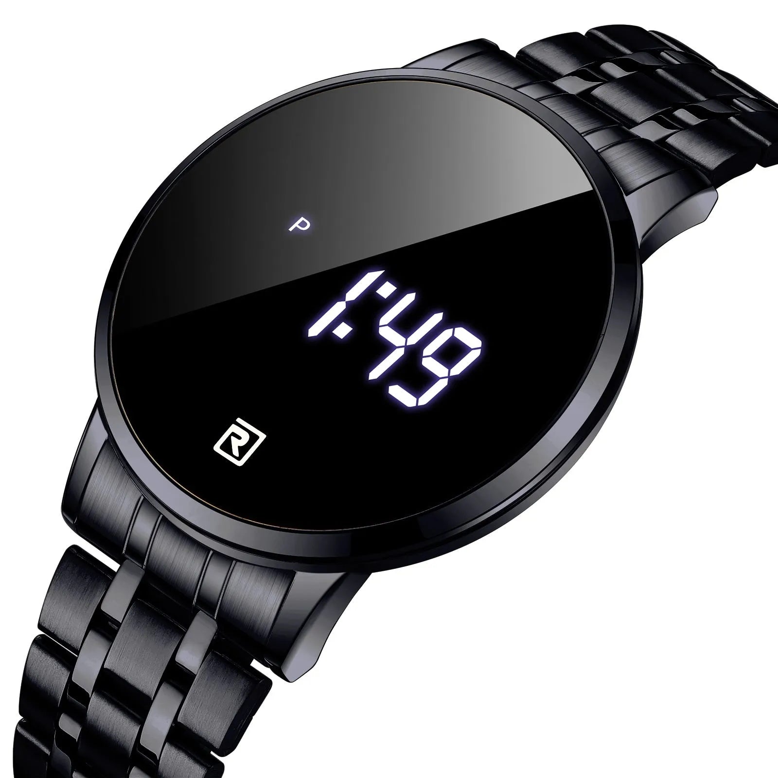 Touch screen digital display calendar electronic watch with alloy case and luminous display, 30M waterproof, in gold/black/blue/rose gold