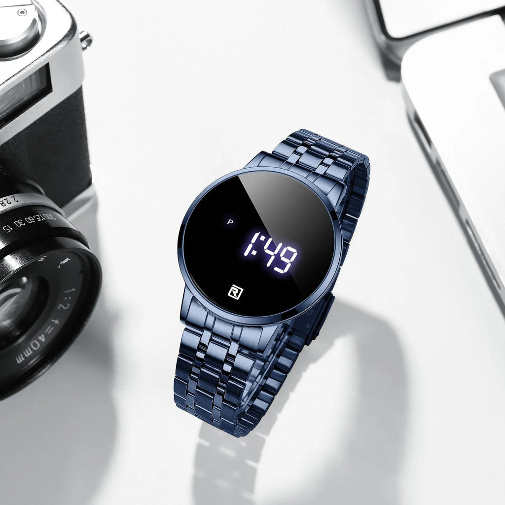 Touch screen digital display calendar electronic watch with alloy case and luminous display, 30M waterproof, in gold/black/blue/rose gold