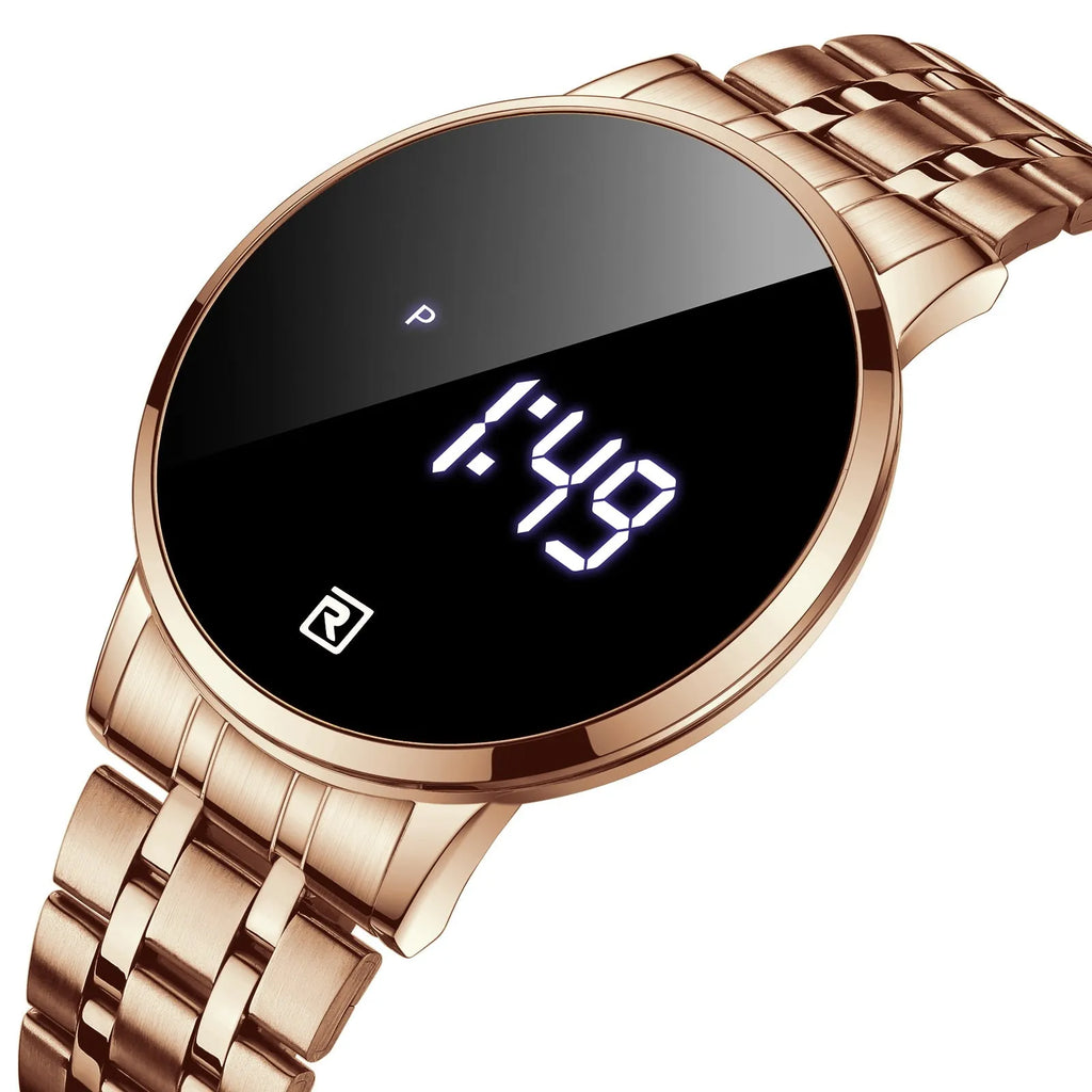 Touch screen digital display calendar electronic watch with alloy case and luminous display, 30M waterproof, in gold/black/blue/rose gold