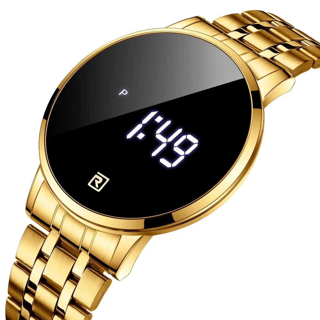 Touch screen digital display calendar electronic watch with alloy case and luminous display, 30M waterproof, in gold/black/blue/rose gold