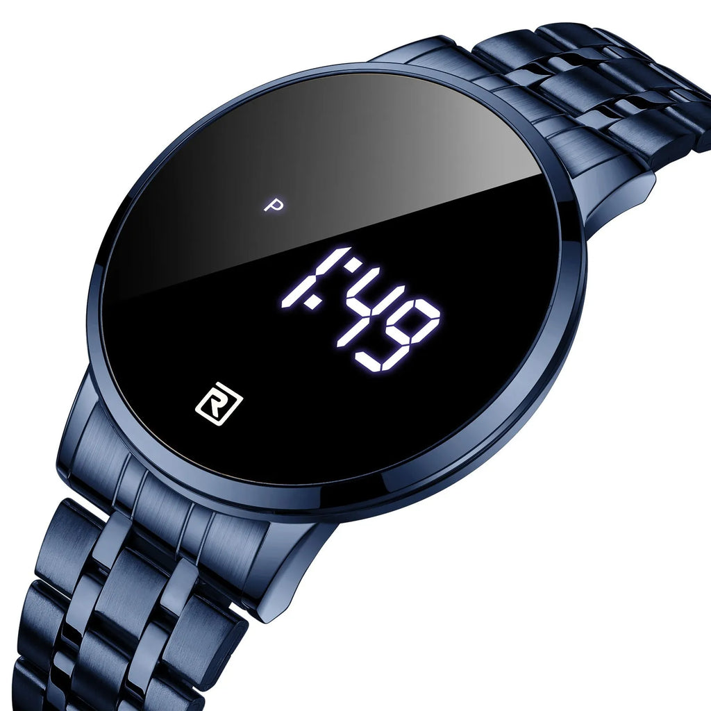 Touch screen digital display calendar electronic watch with alloy case and luminous display, 30M waterproof, in gold/black/blue/rose gold