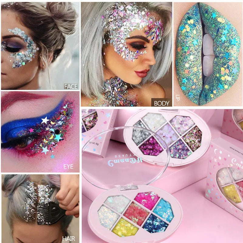 Face Jewels Eyeshadow Shimmer Pigment Gel Cream with aloe curry gum and light sequins, seven colours, options A or B, portable container