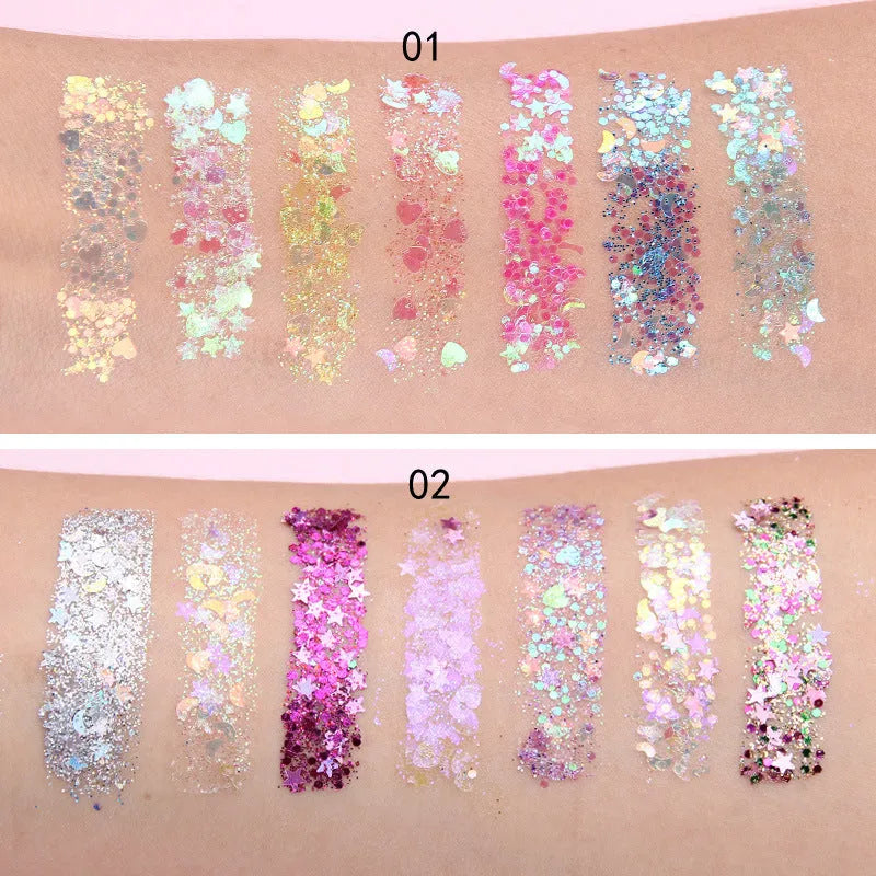 Face Jewels Eyeshadow Shimmer Pigment Gel Cream with aloe curry gum and light sequins, seven colours, options A or B, portable container