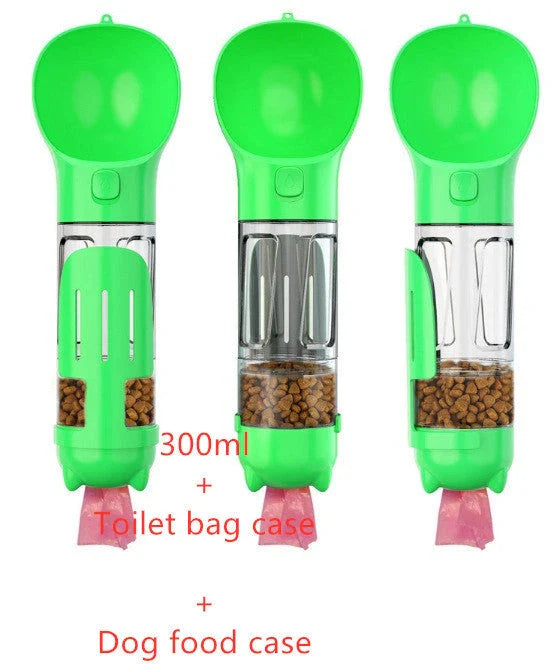 Versatile 3-in-1 pet water bottle with feeding bowl and waste bag storage in various colors