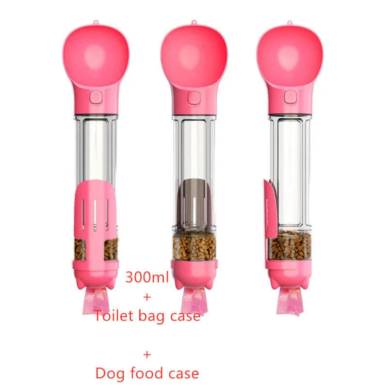 Versatile 3-in-1 pet water bottle with feeding bowl and waste bag storage in various colors