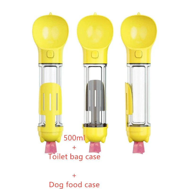 Versatile 3-in-1 pet water bottle with feeding bowl and waste bag storage in various colors