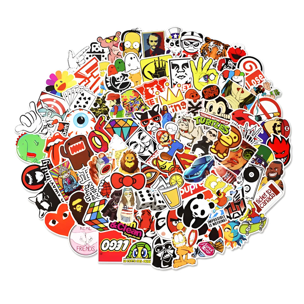 Mixed graffiti sticker collection of 100 self-adhesive luggage labels in cartoon designs