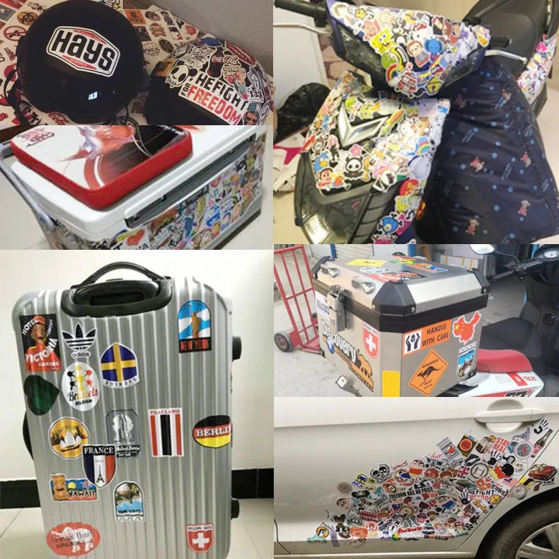 Mixed graffiti sticker collection of 100 self-adhesive luggage labels in cartoon designs