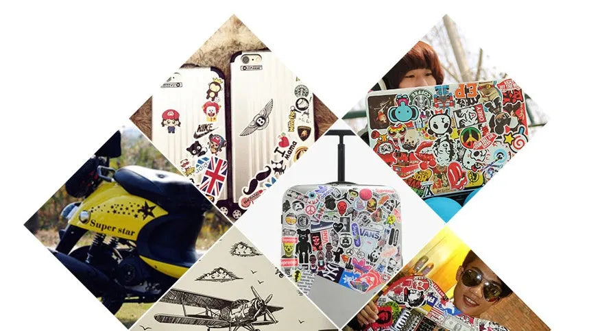 Mixed graffiti sticker collection of 100 self-adhesive luggage labels in cartoon designs