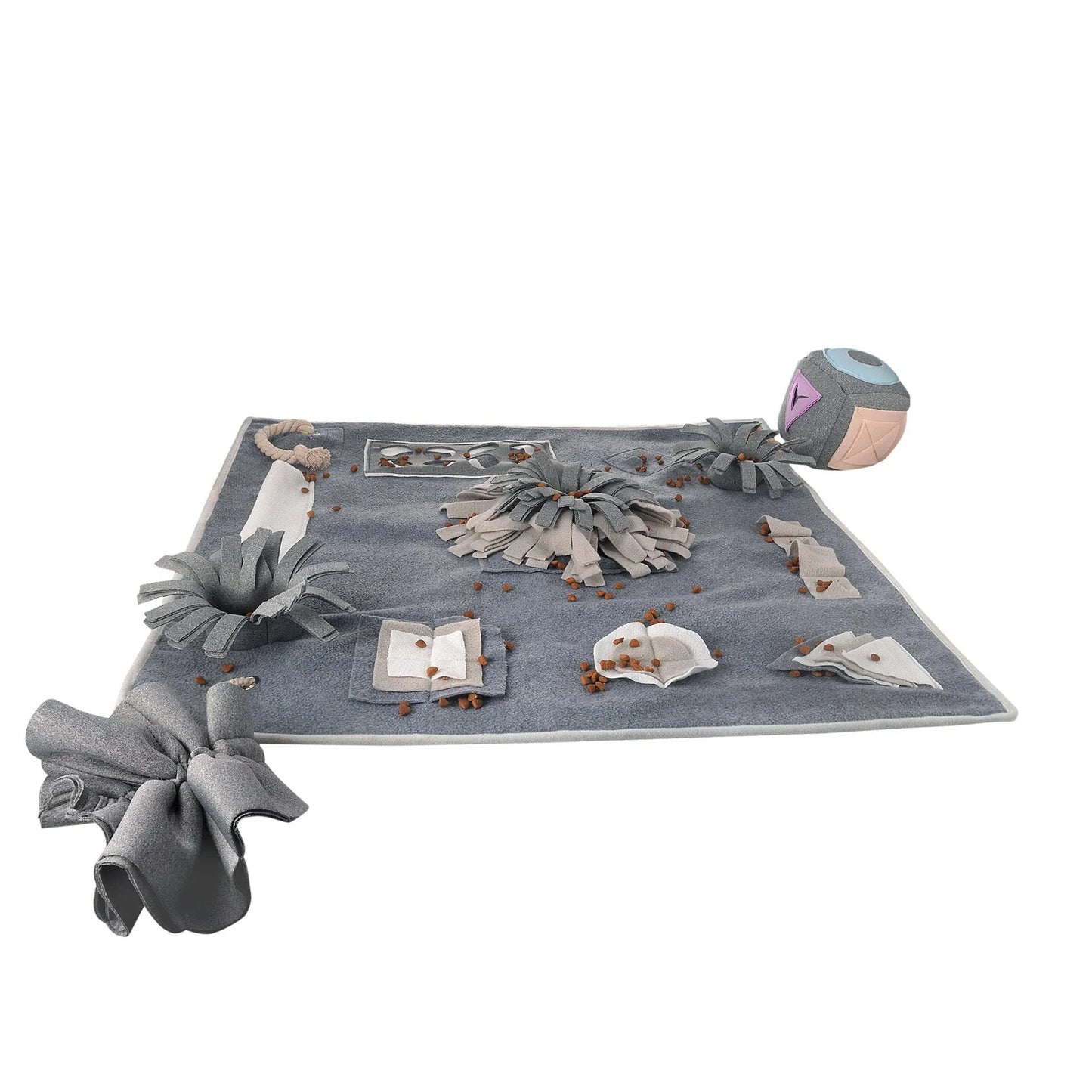 A grey scent puzzle pad designed to stimulate a dog's natural foraging and hunting instincts