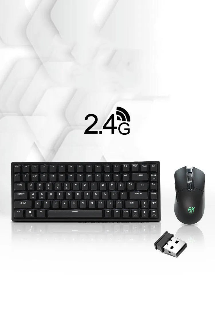 RK526 wireless mechanical keyboard and optical mouse set in blue, brown, or red.